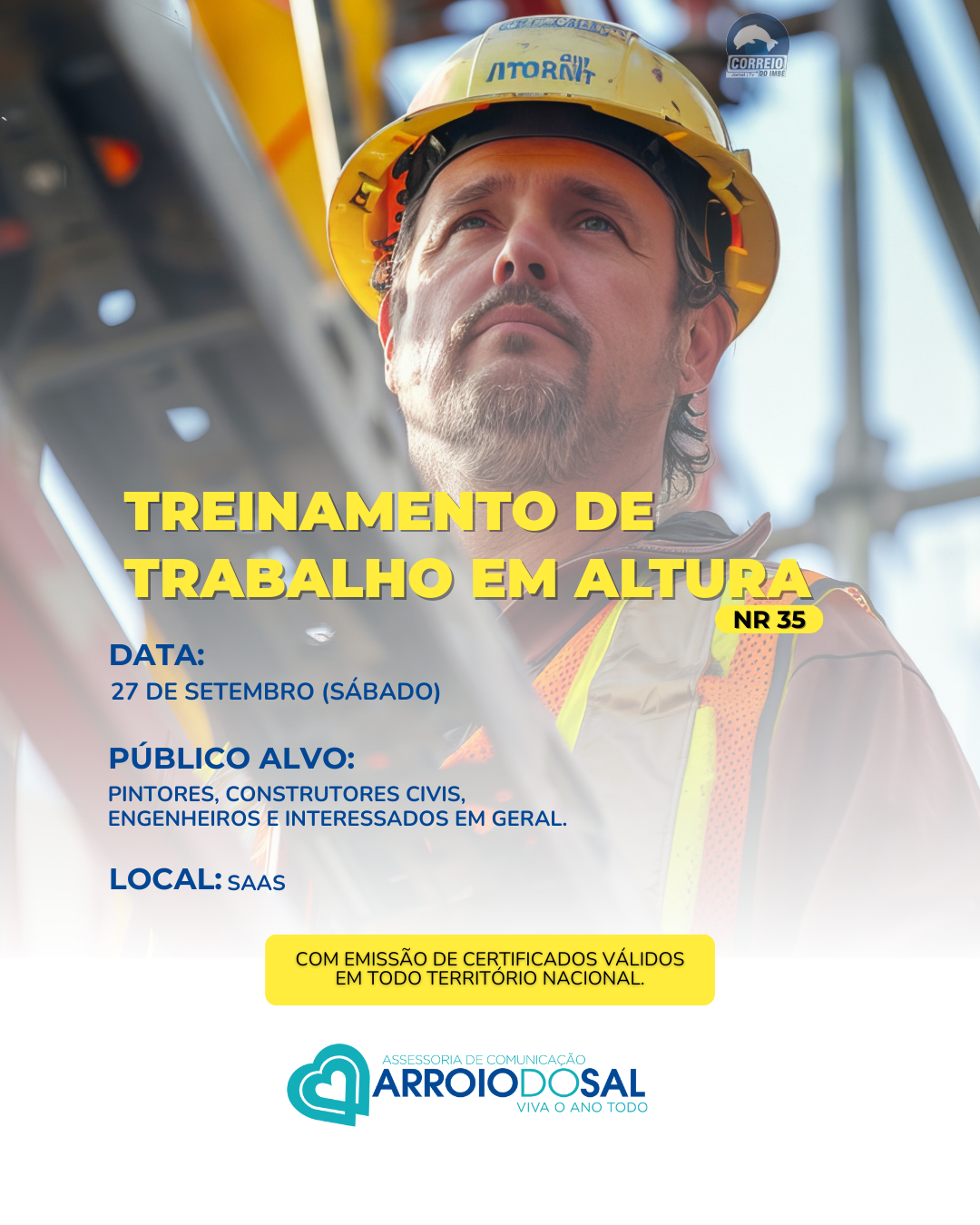 População de Arroio do Sal terá acesso a treinamento gratuito sobre trabalho em alturaV