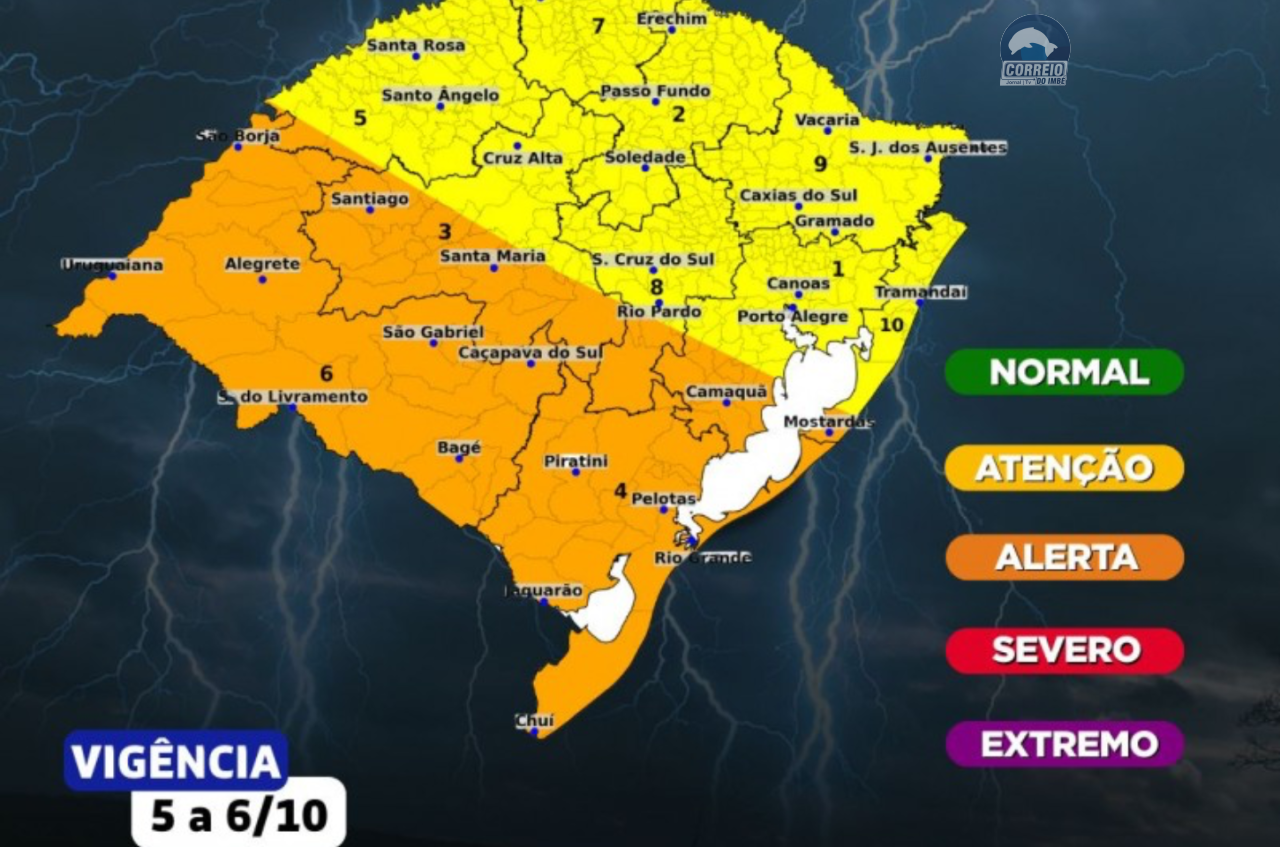 🛑 Defesa Civil estadual alerta para previsão de tempestades e de chuvas intensas no RS a partir da tarde de domingo (5)