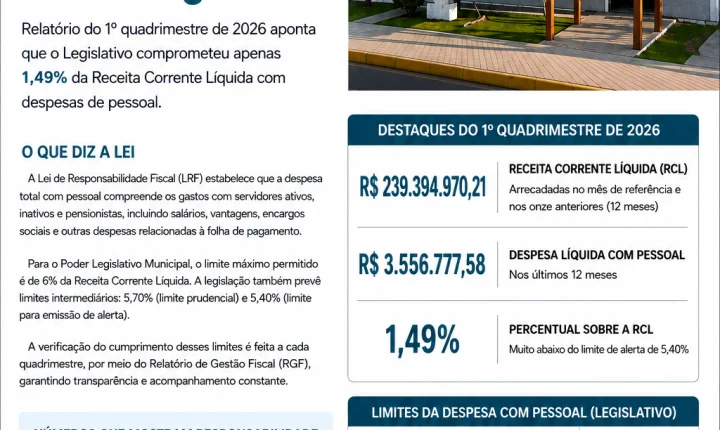 Câmara de Imbé registra gasto com pessoal de apenas 1,49% da receita e mantém índice muito abaixo do limite legal