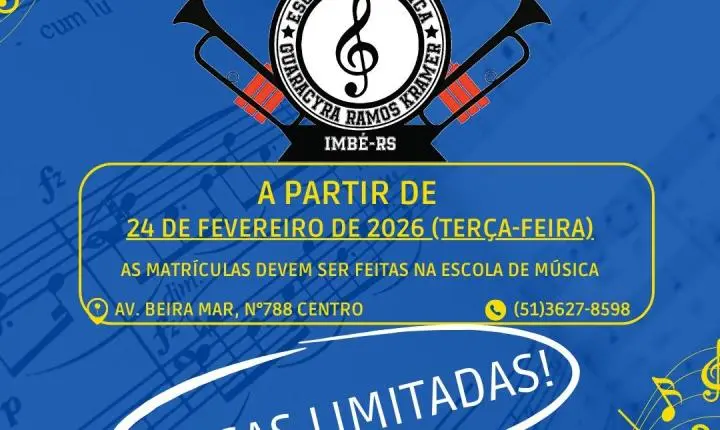ESCOLA DE MÚSICA GUARACYRA RAMOS KRAEMER DE IMBÉ ESTÁ COM MATRÍCULAS ABERTAS