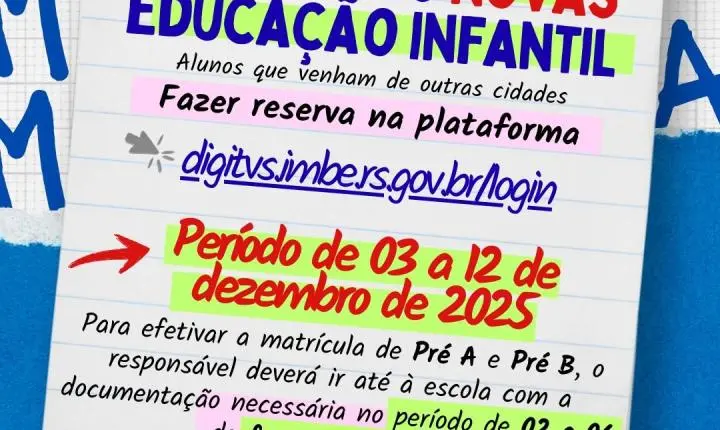 Imbé divulga calendário de matrículas, rematrículas e transferências para o ano letivo de 2026